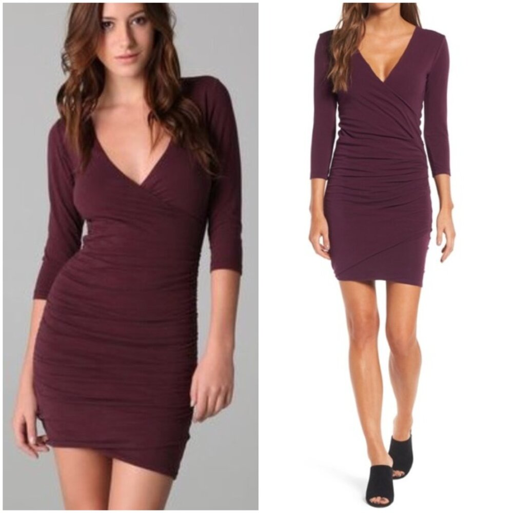 James Perse Tucked Faux Wrap Dress Burgundy V-Neck Stretch Soft Cotton size L